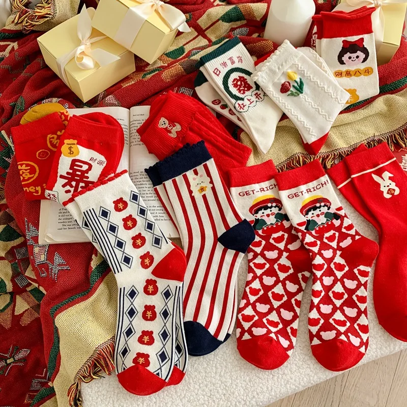 2023 Chinese New Year Socks Men and Women Couples Festivals Socks That Bring Good Luck Cartoon Characters New Year Red Socks