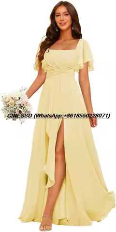 Women's Chiffon Bridesmaid Dress with Pockets 2025 Short Sleeves Pleated Aline Formal Evening Dresses with Slit