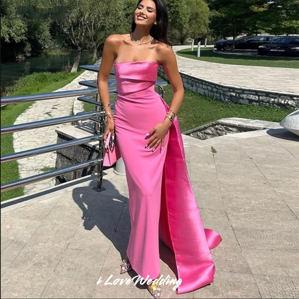

Women's Pink Strapless Evening Dress Mermaid Sleeveless Wedding Guest Dress Romantic Sweet Train Floor-Length Dress Customized