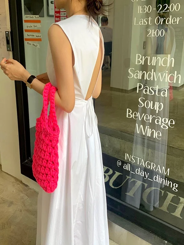 우아한 A라인 드레스 한국 스타일 여름 신상 화이트 드레스 백리스 드레스 하이웨이스트 출퇴근 스타일 미디 스커트