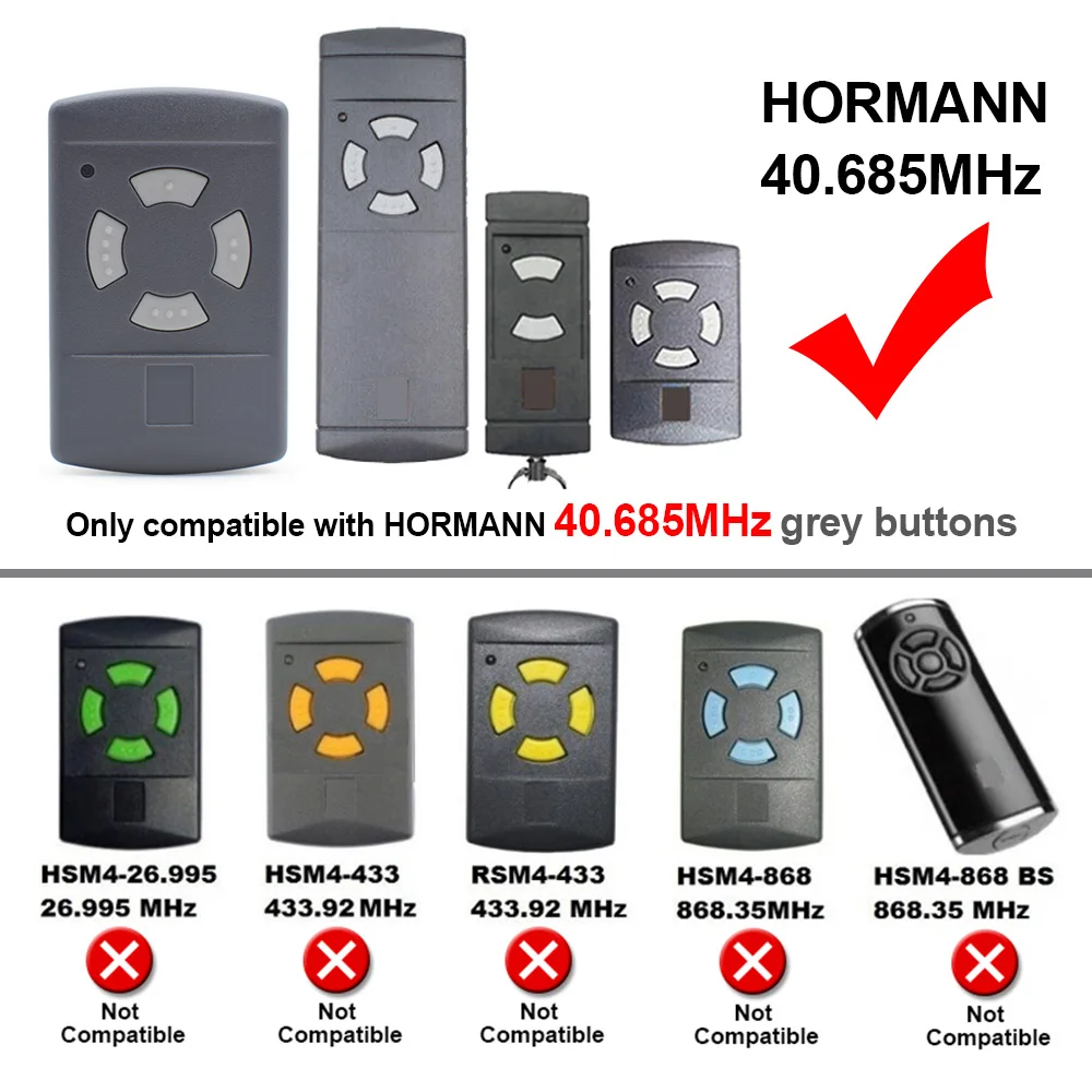 For HORMANN HSM2 / HSM4 / HSE2 / HSE4 40 Grey buttons 40.685 MHz Replacement Remote Control