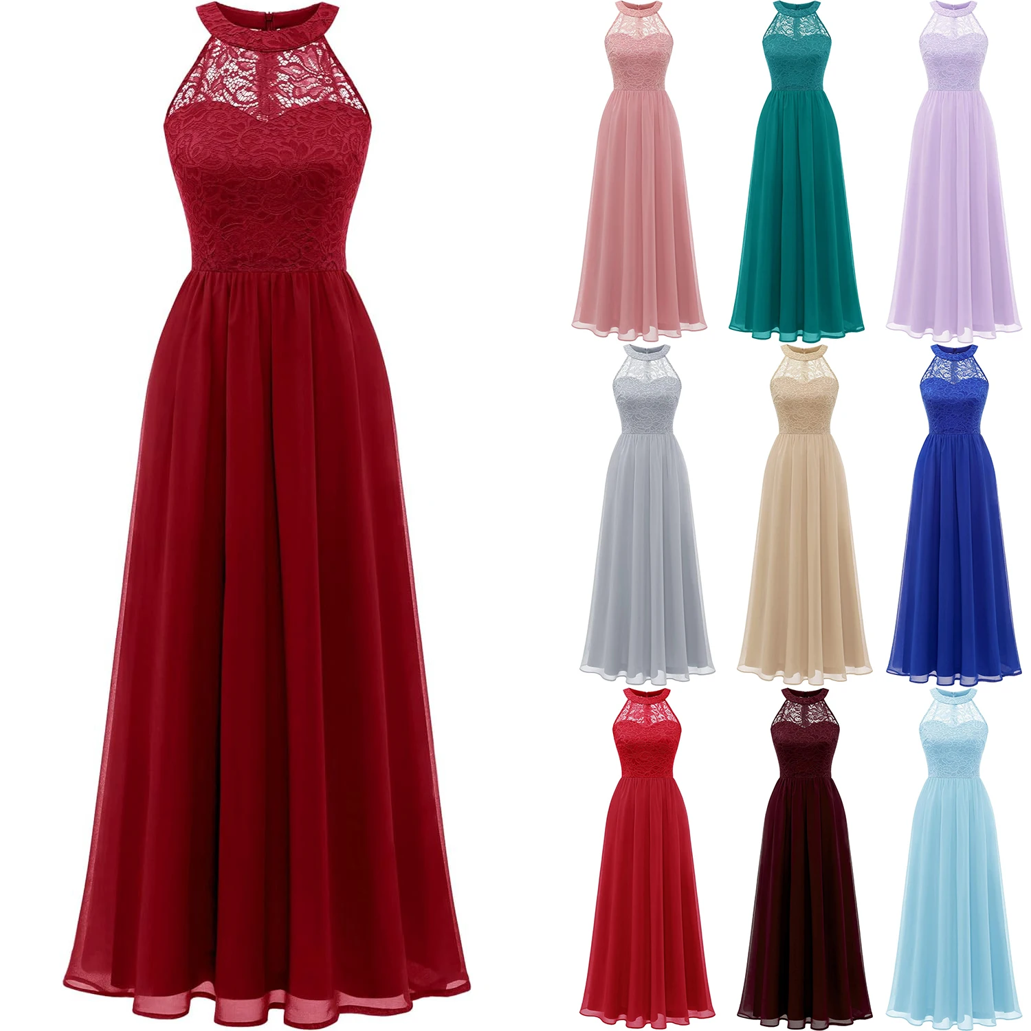 

Women's Elegant Halter Neck Sleeveless Lace Patchwork Chiffon Hollow Out Wedding Party Bridesmaid Long Dress