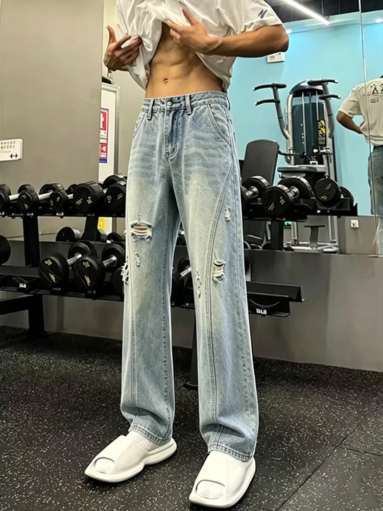 

American Style Slim Fit High Waist Straight Leg Jeans Men Summer Thin High Street Pants Torn Denim Jeans Casual Straight Tube