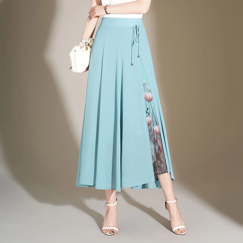 

ZUZK Summer Ice Silk Flower A-Line Skirt New Elastic Waist Fashion Mid-Length Big Swing Thin Skirt Cool Droop Skirt Jupe