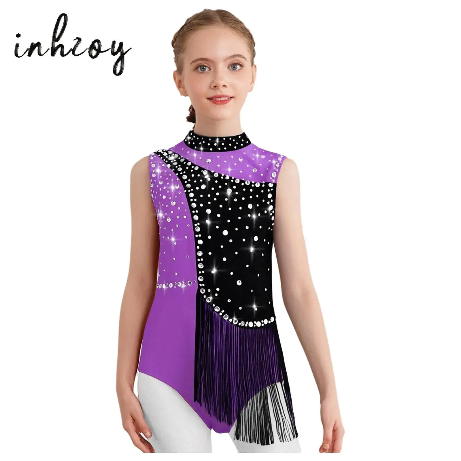 

Kids Girls Gymnastics Leotard Sleeveless Shiny Rhinestones Tassels Dance Bodysuit Figure Skating Ballet Latin Jazz Dancewear