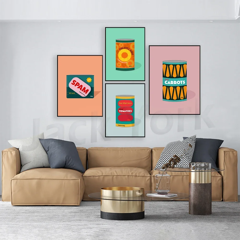 Tinned Spam, pineapple rings, baby carrots,tomatoes, retro midcentury 1960s Illustration print/poster classic scandi