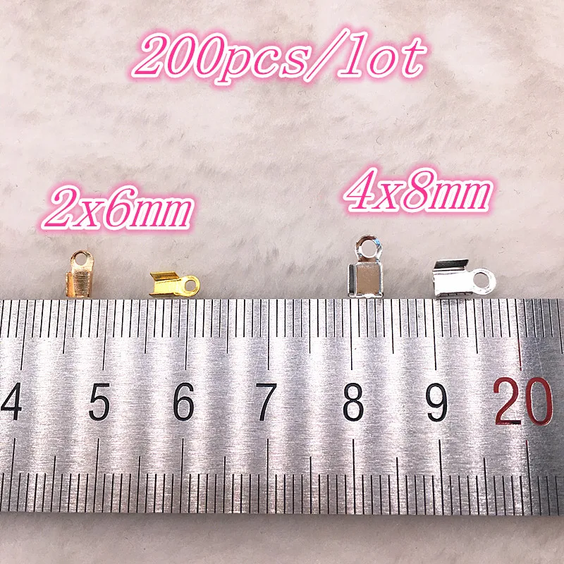 Hot 200pcs/lot 2x6/4x8mm Crimp beads cove clasps Cord End Caps String Ribbon leather Clip Foldover For Necklace Connectors