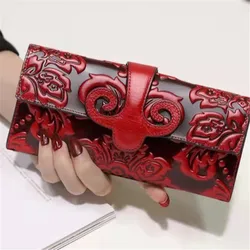 Floral Genuine Leather Wallet Women Long Ladies leather Clutch Bag Large Vintage Female Purse Real Cow Leather Woman Purses