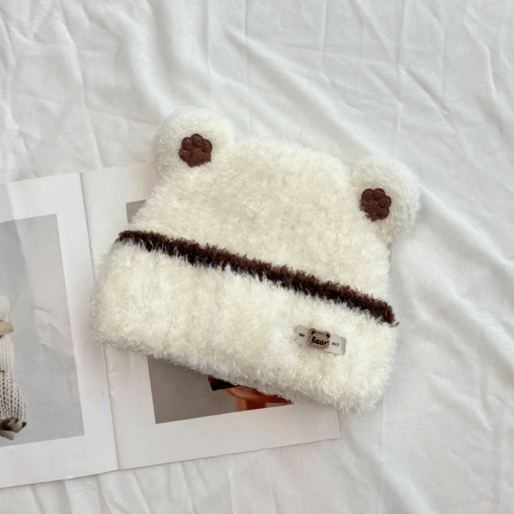 Polyester Beanie Hat Warm Lining 56cm to 58cm Head Circumference Bear Ear Knitted Earflap Cold Weather Thick Warm Hat