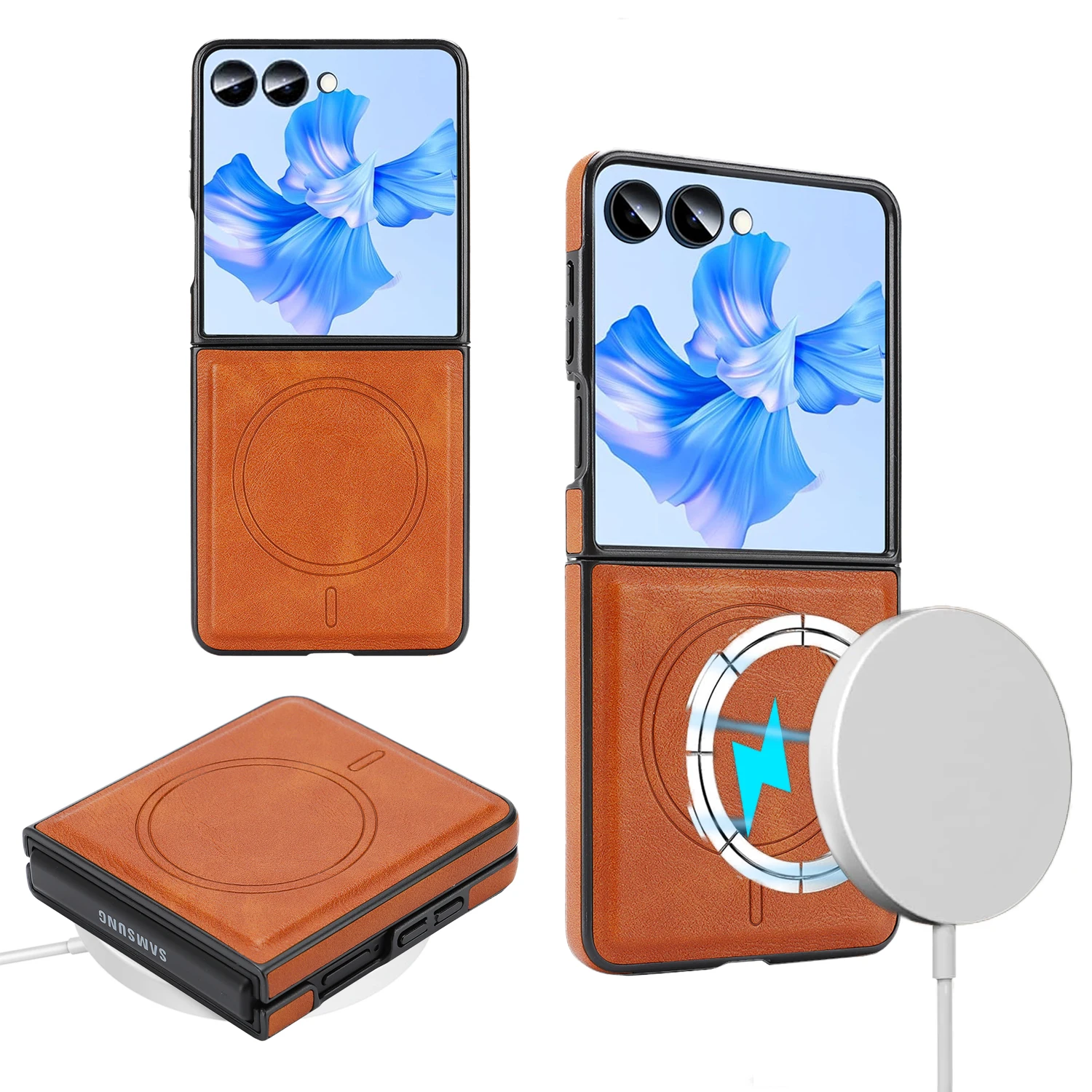 Leather Folding Magnetic Phone Case for Samsung Z Flip 8 7 6 5 4 3 Edge Protection Shockproof Wear Resistant Shockproof Cover