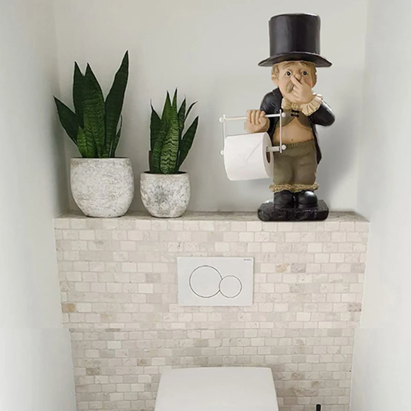 Stinky Butler Holding Nose Resin Sculptures with Roll Paper Holder Stand, Primitive Figurine, Home Table, Bathroom Decorations