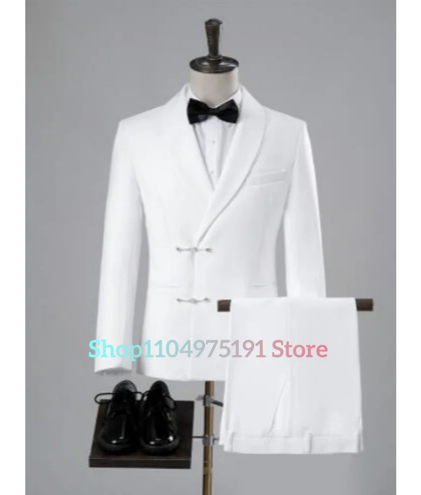 طقم بدلة سوداء للرجال عالي الجودة مع أزرار عقدة صينية حمراء رسمية بقصة ضيقة لحفلات الزفاف والمناسبات، فساتين الحفلات #4