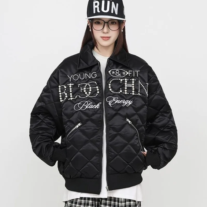 Beading Rhombus Men's Padded Coas American Retro Embroidery Winter Bomber Jackets Women Parkas Fashion Men Winter Clothes Unisex