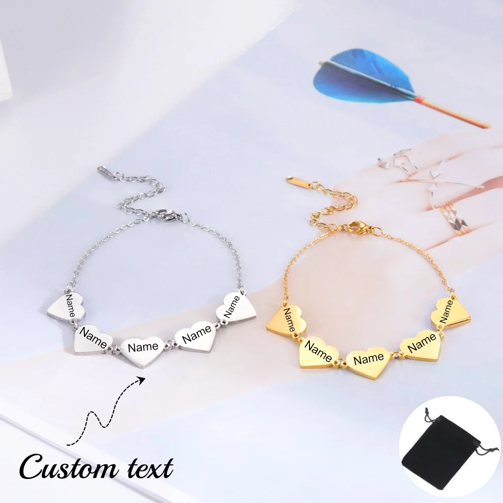 

Customized Name Love Bracelet Stainless Steel Personalized 5 Heart Shaped Carvings Name Date Bracelet Fashion Home Jewelry