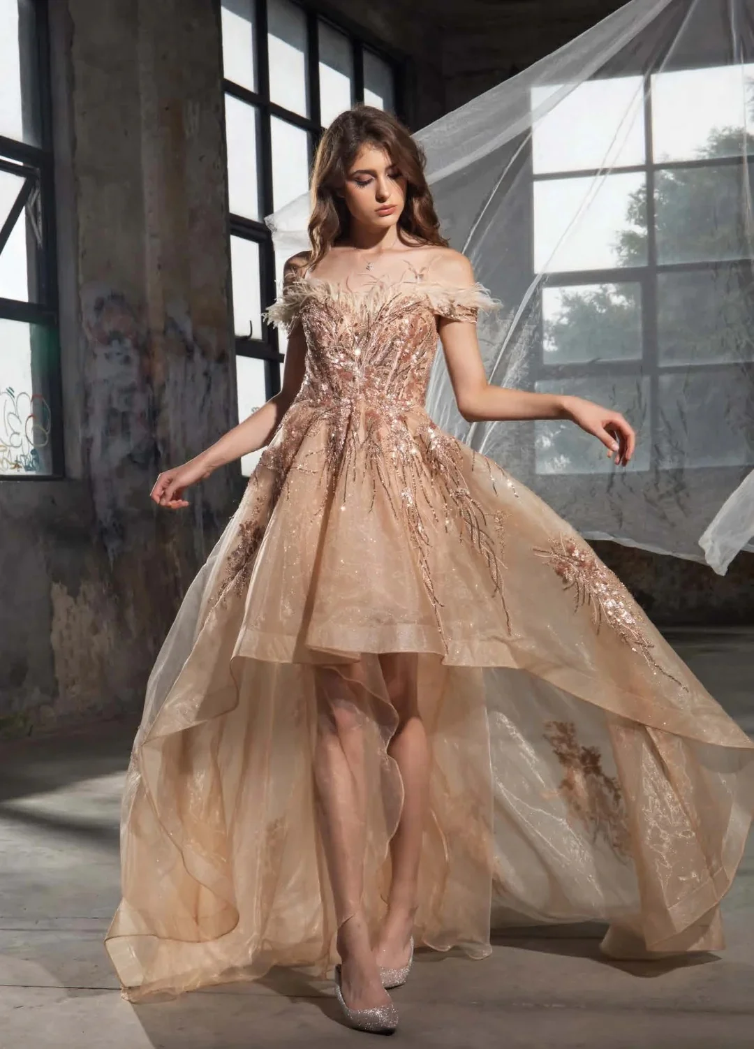 

Arya Elegant Pink Evening Dresses Lace for Floor-Length One Word Collar Cocktail Party Feathers Vestidos De Fiesta Customized