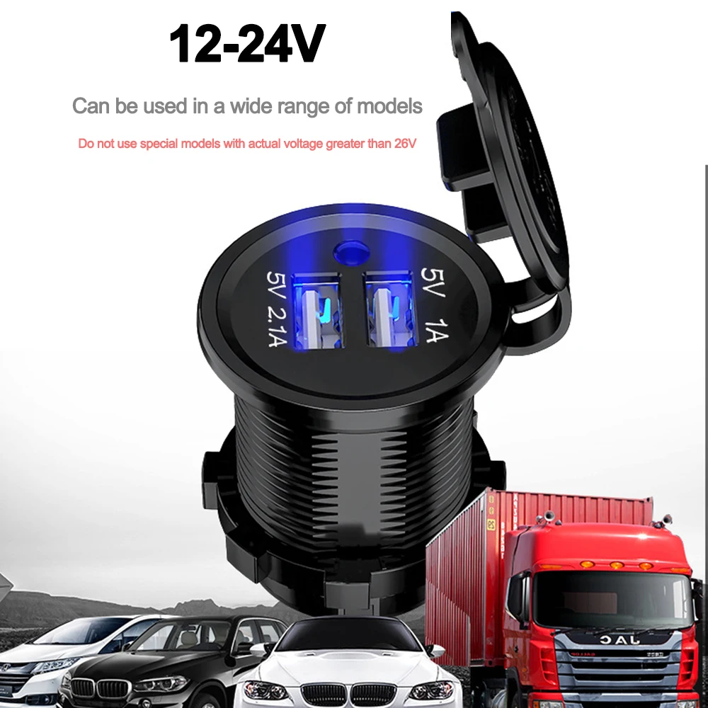 3.1 A Dual USB 2 Ports 12V-24V Universal Car Cigarette Charger Socket Power Adapter Outlet with Blue Light for Car Boat Marine