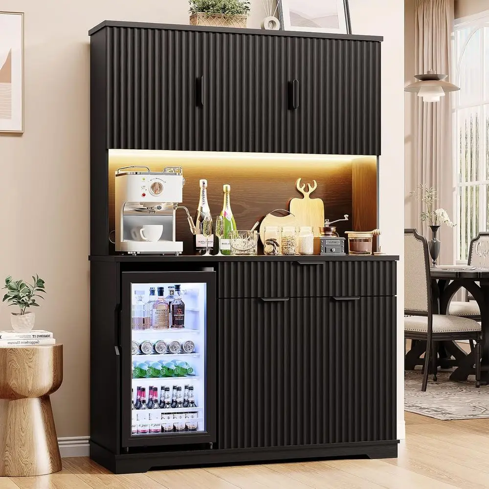 

69 Kitchen Pantry with Ridge, LED-lit Coffee Bar Cabinet, Tall Wine Storage Cabinet for Living and Dining Rooms in Black