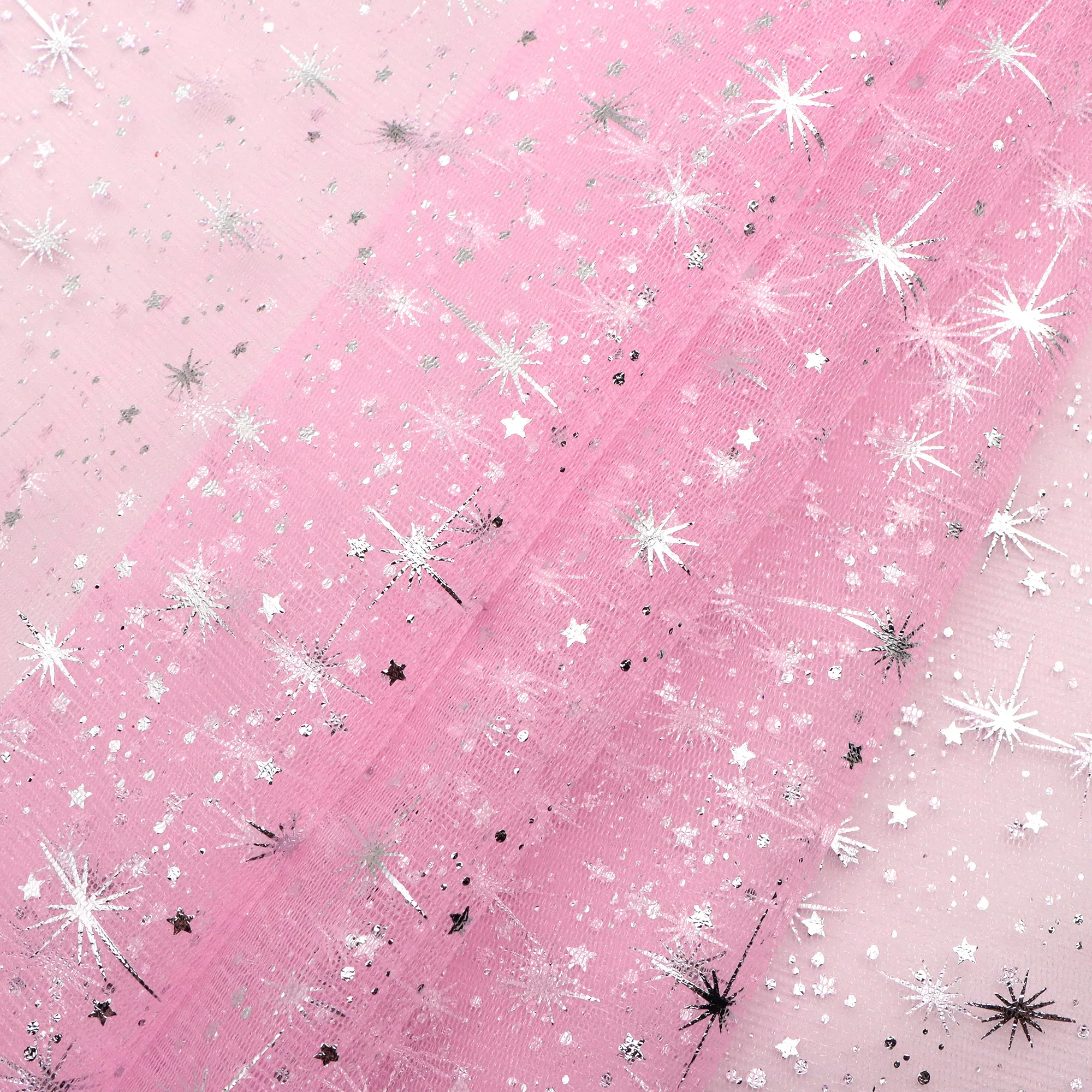 Pre-cut 1pc Silver Sparkling Star Pink Tulle Fabric,19.68x59inch