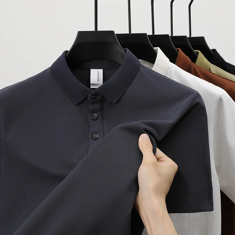 Men's Pure Cotton Short-Sleeve Polo Shirt – Combed Cotton, Solid Color, Split Hem, Casual Business Versatile Top