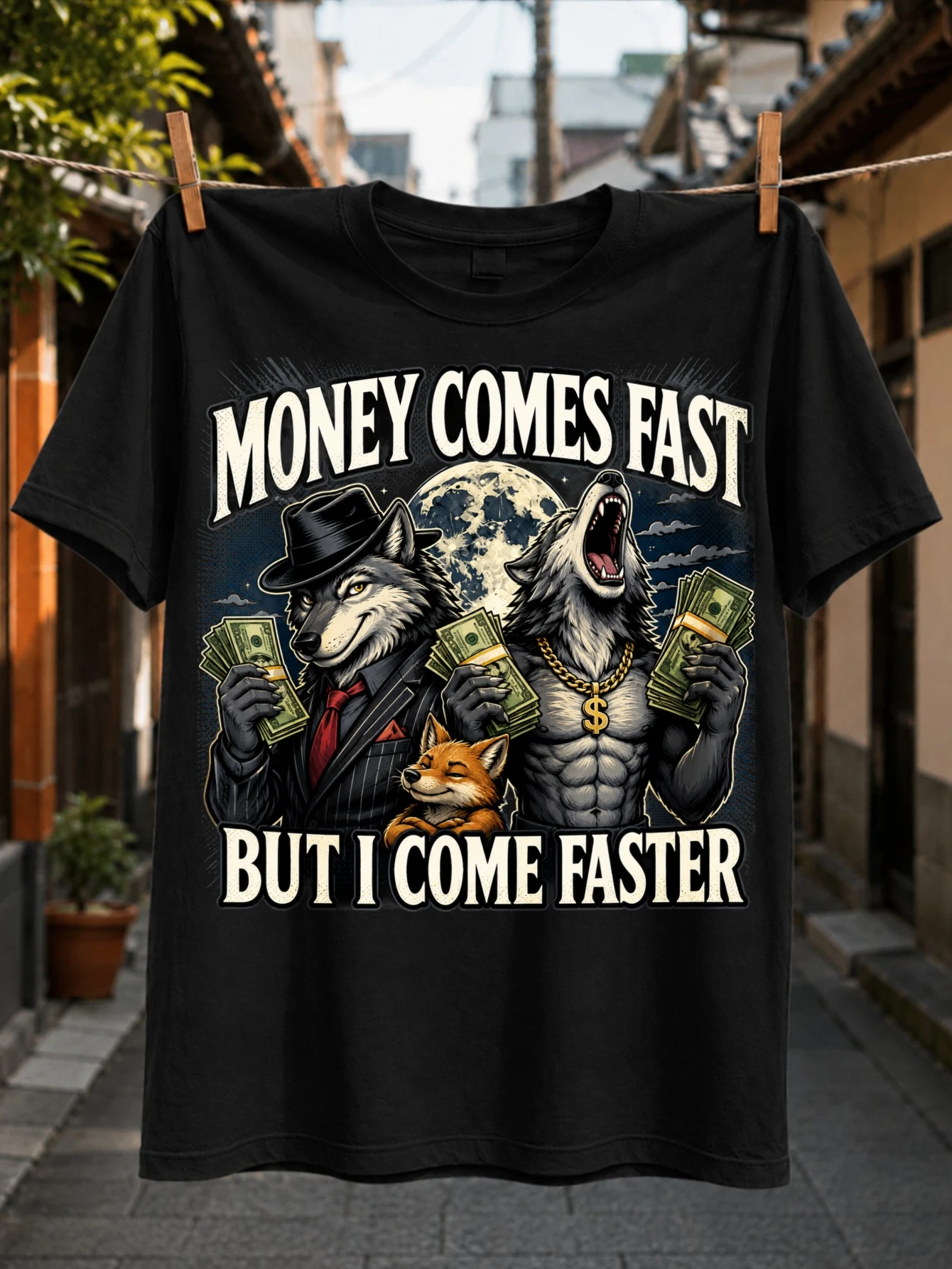 Money Comes Fast Wolf Gang Tee welldressed animal crew money stacks chains and bold adult humor  Unisex All T-Shirt