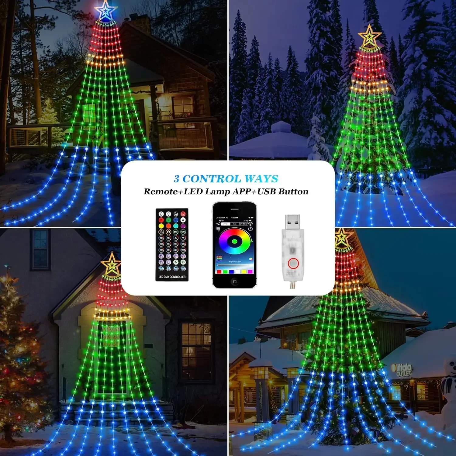 Christmas Decorations, RGB Waterfall LED String Lights with Star, APP Remote Control, Music Sync New Year Decor Fairy Lights