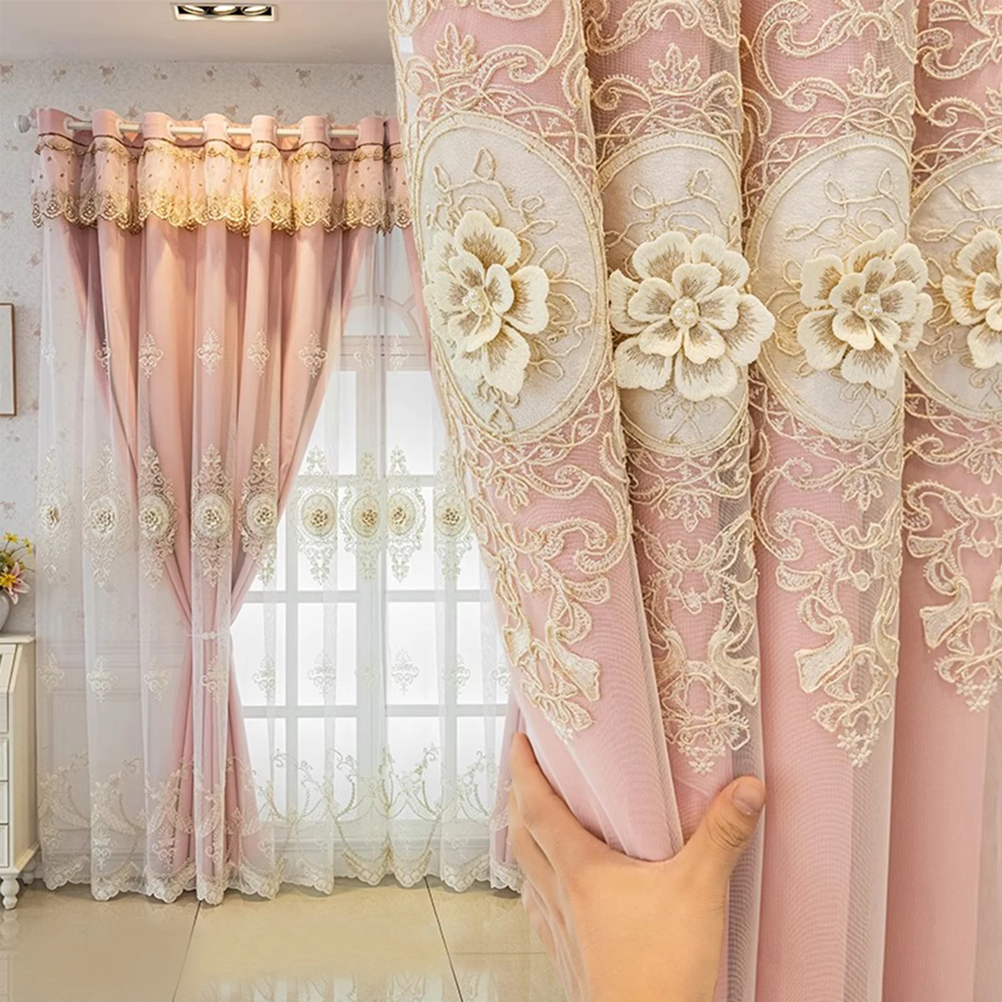 Rosa Chenille europäische verdickte Vorhänge High-End bestickte Relief dreidimensionale Verdunkelungsvorhänge Fertige Produkte