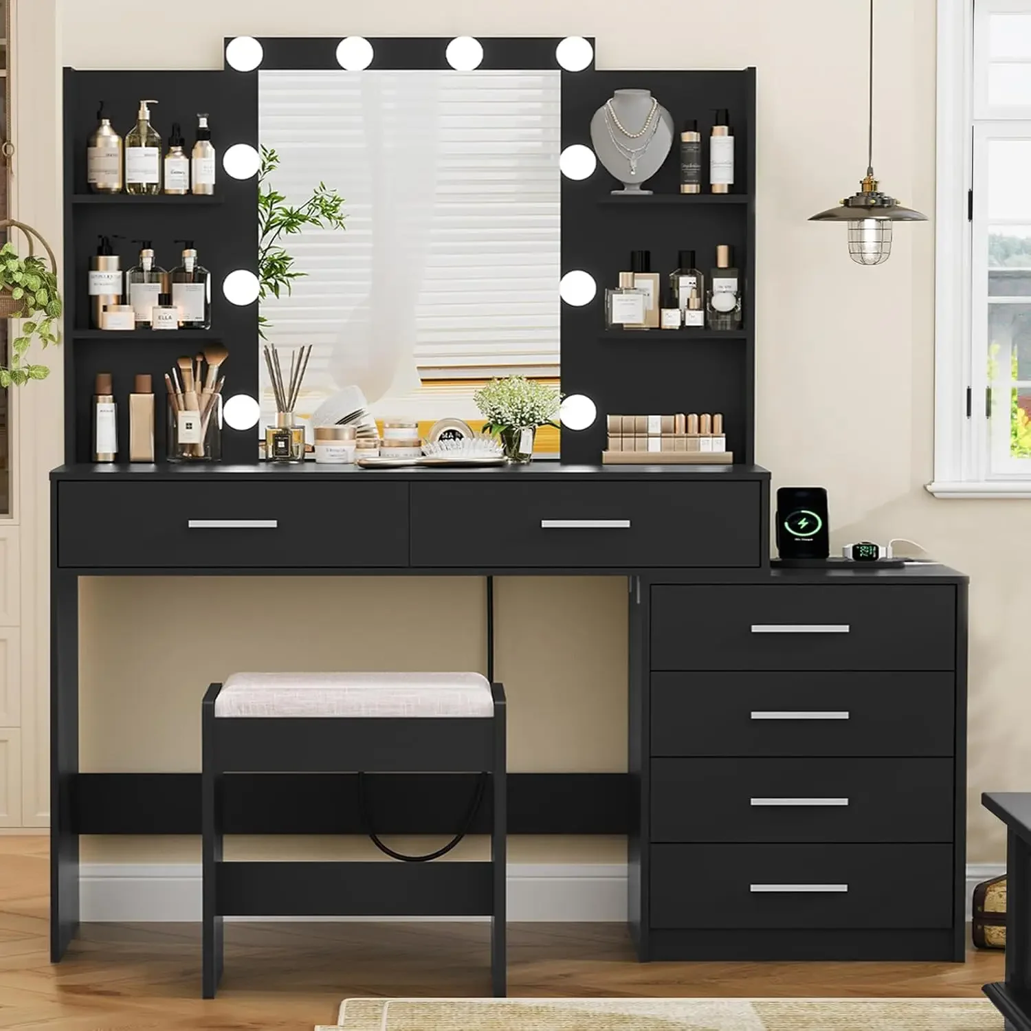 

48" Large Vanity Desk with Mirror and Lights, Makeup Vanity with 6 Drawers, Power Outlet, Vanity Makeup Mirror Desk Table Set