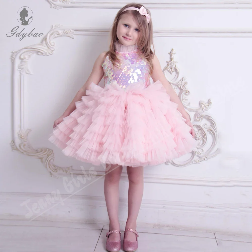 Hoge hals lovertjes gelaagde bloemenmeisje jurk pluizig kind verjaardagsfeestje jurk voor optocht formele gelegenheden aanpassen