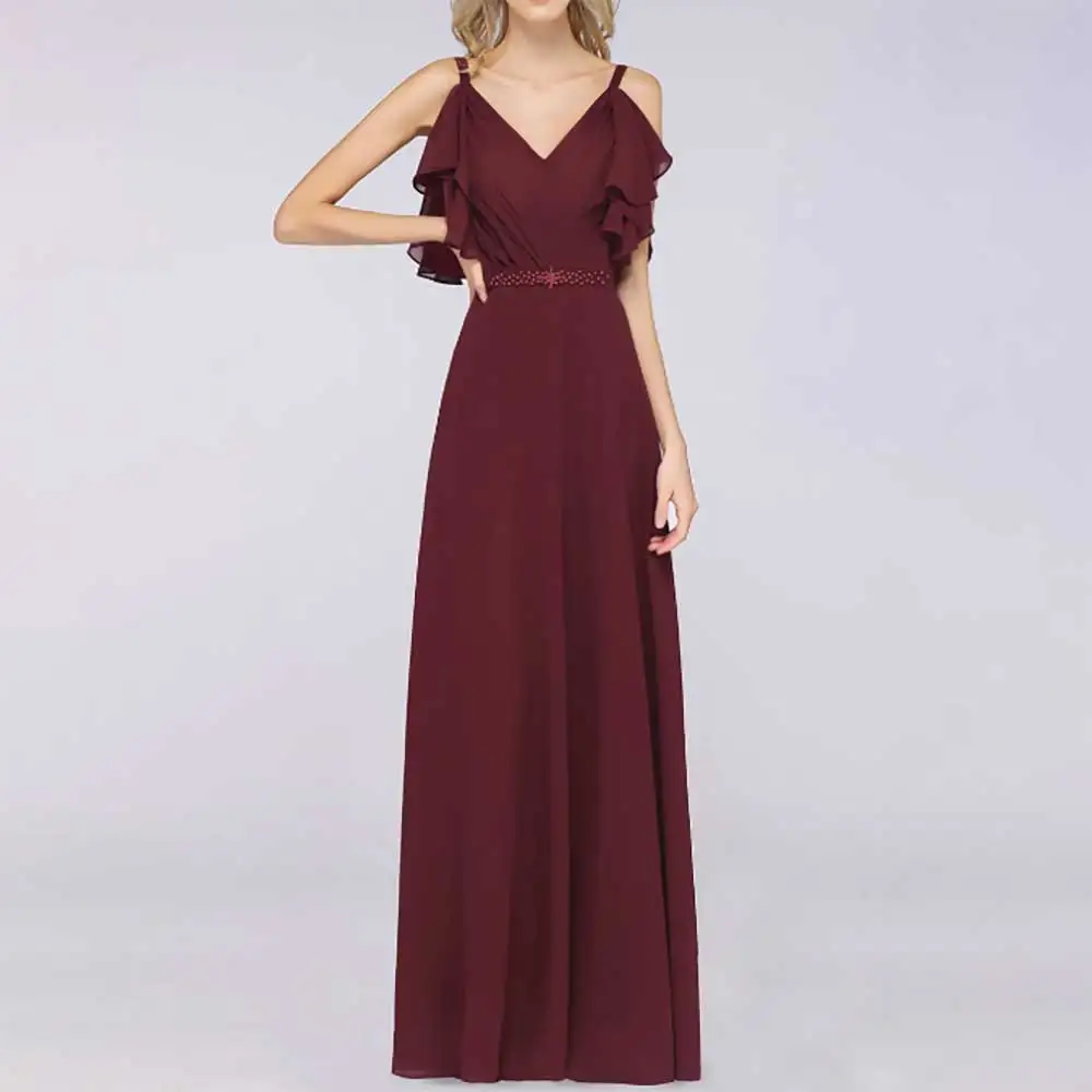 

Sexy Spaghetti Strap Sleeveless Pleated Belted Backless Evening Dress Women Elegant Prom Party Dress Formal Bridesmaid's Dresses