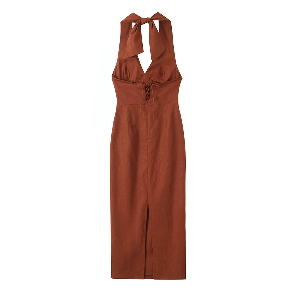 In spring and summer of 2024, the new women's linen blended tight-fitting midi dress is slim and fashionable.