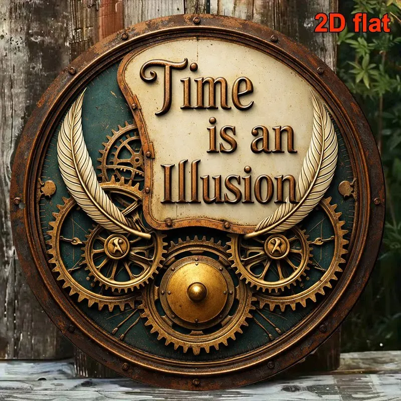 2D Retro Metal Tin Sign Round 20cm Aluminium Plate Steampunk Feather Gear Decor Wall Art for Bar Cafe Office Gift