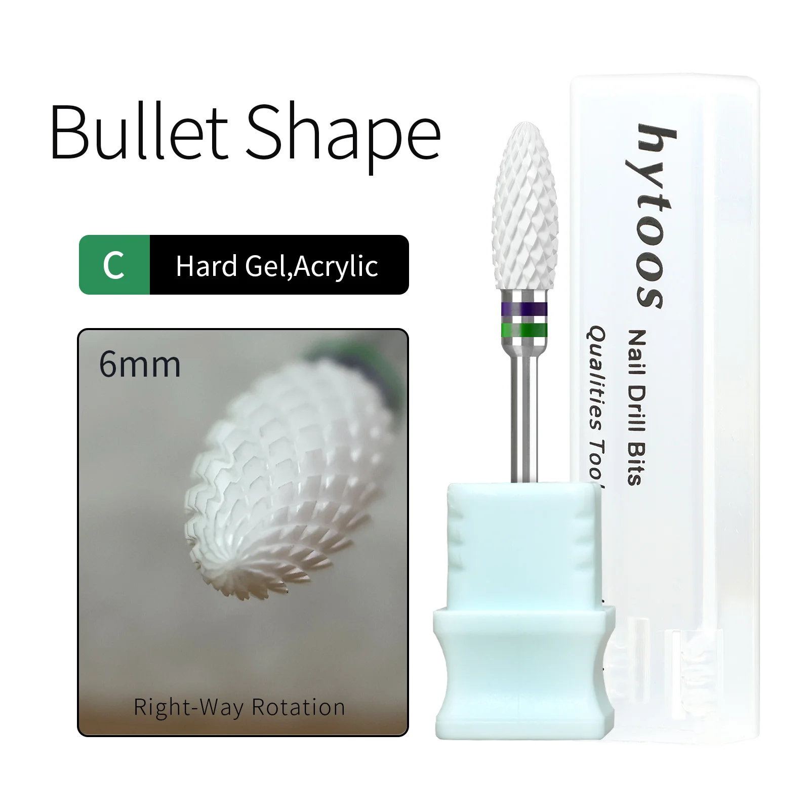 HYTOOS Composite Ceramic Flame Nail Drill Bits - 6*15mm White Pro E-file Bit Gel/Acrylic Removal Tools for Nail Technicians