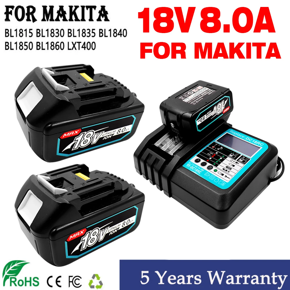 Makita-Batterie Rechargeable pour Outils Électriques, 18V, 6.0AH,8.0Ah, avec LED Eddie ion, Remplacement LXT BL1860, 1850 Volt,