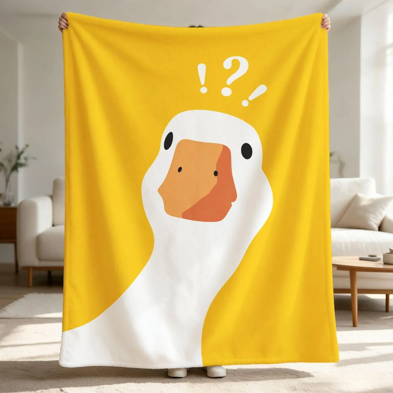 [Flannel Blanket] Fun and Quirky Goose Blanket, Bright Yellow Minimalist Style Blanket, Gift for Living Room Decor Enthusiasts