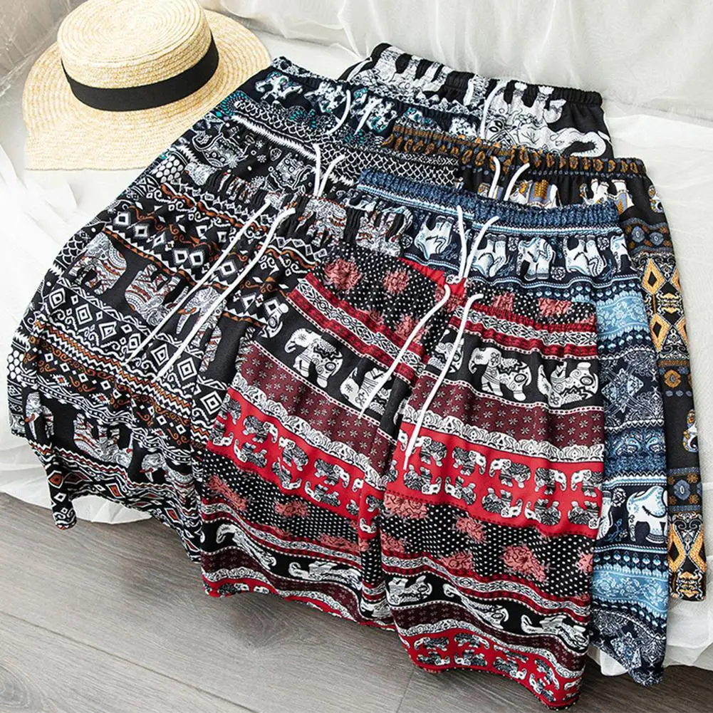 Beach Shorts for Women Men Summer Boho Festival Elephant Pattern Short Pants Baggy Hippie Bohemian Travel Clothes I9Y9