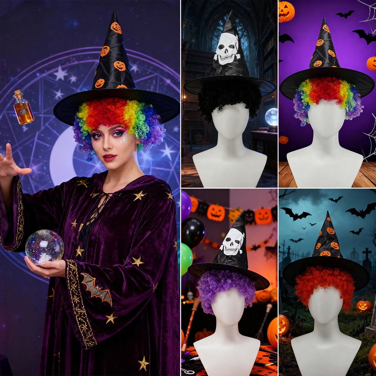 

Halloween Wizard Hat Wig Set - Afro Wig/Clown Wig with Wizard Hat, Perfect for Halloween Festivals & Themed Parties