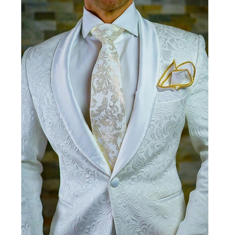 

Chic One Button Shawl Lapel Men Suits Elegant White Jacquard Fabric Flat Slim Fit Wedding Outfits Skinny 2 Piece Jacket Pants