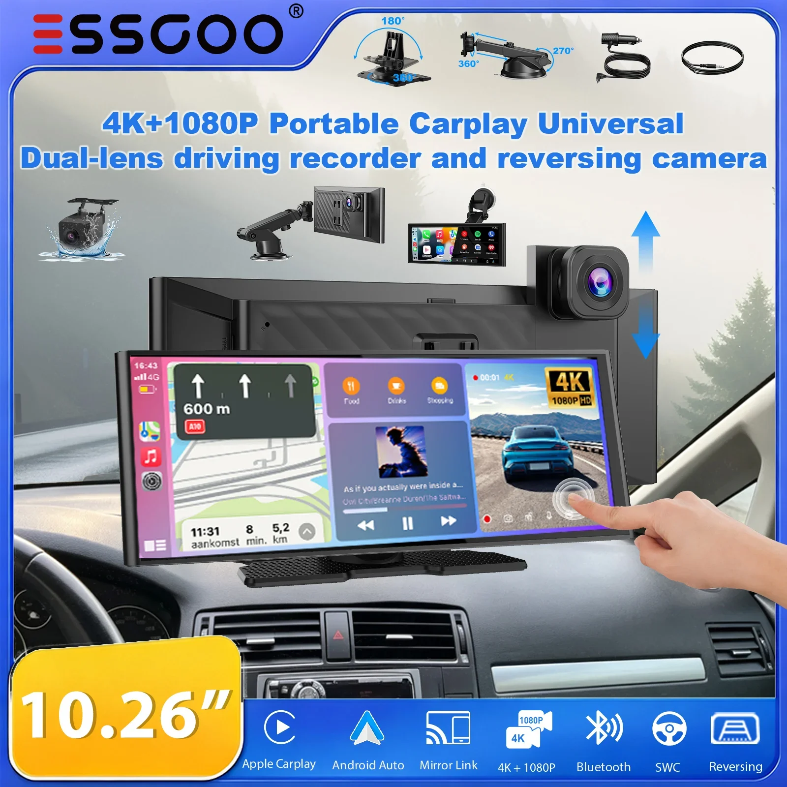 ESSGOO 10.26" 4K+1080p Display Portatile Wireless CarPlay con Telecamera Anteriore e Posteriore, Stereo Universale per Auto e Camion, Android Auto, BT, AUX, FM, USB, 64G TF Opzionale