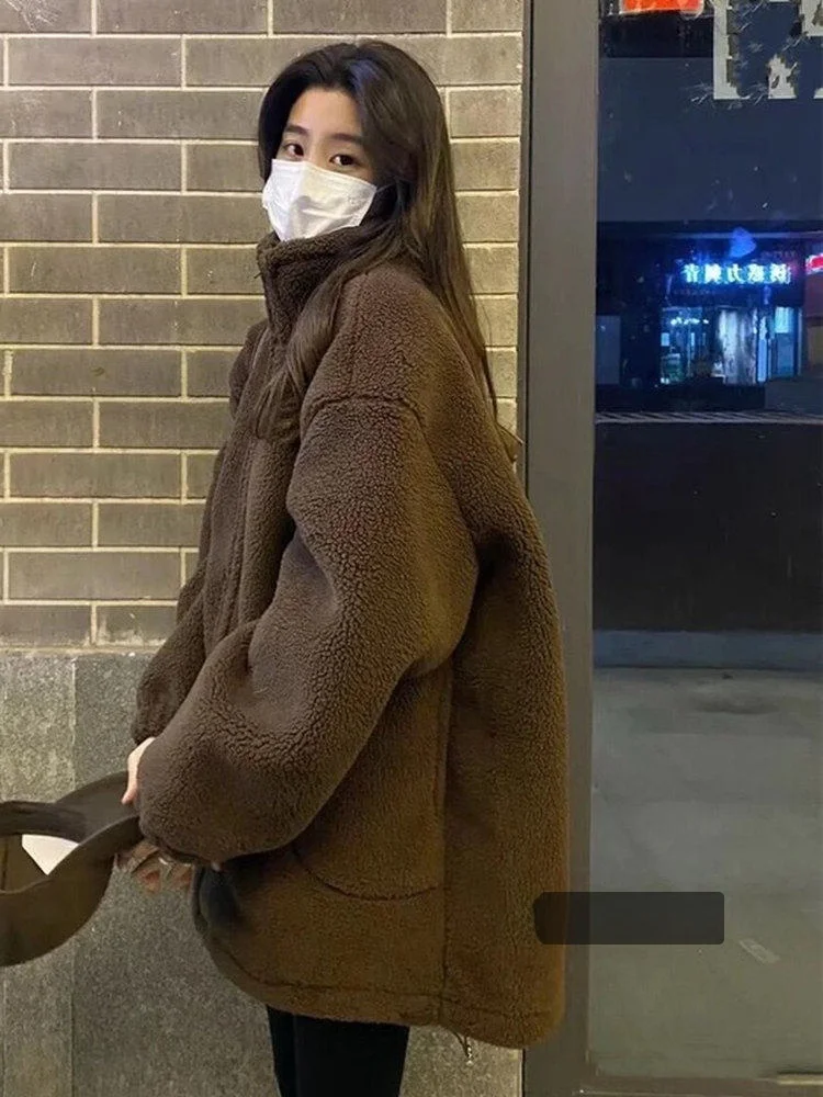 

Lamb Fur Jaet Women's Premium Street Sle Thiened Spring New Loose aggy Fce Top Velvet Casual Long Sve Coat