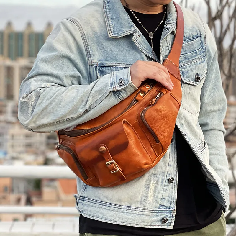 PNDME Fashion Luxury Genuine Leather Men's Multi-pocket Chest Bag Designer High Quality Real Cowhide Shoulder Crossbody Bag