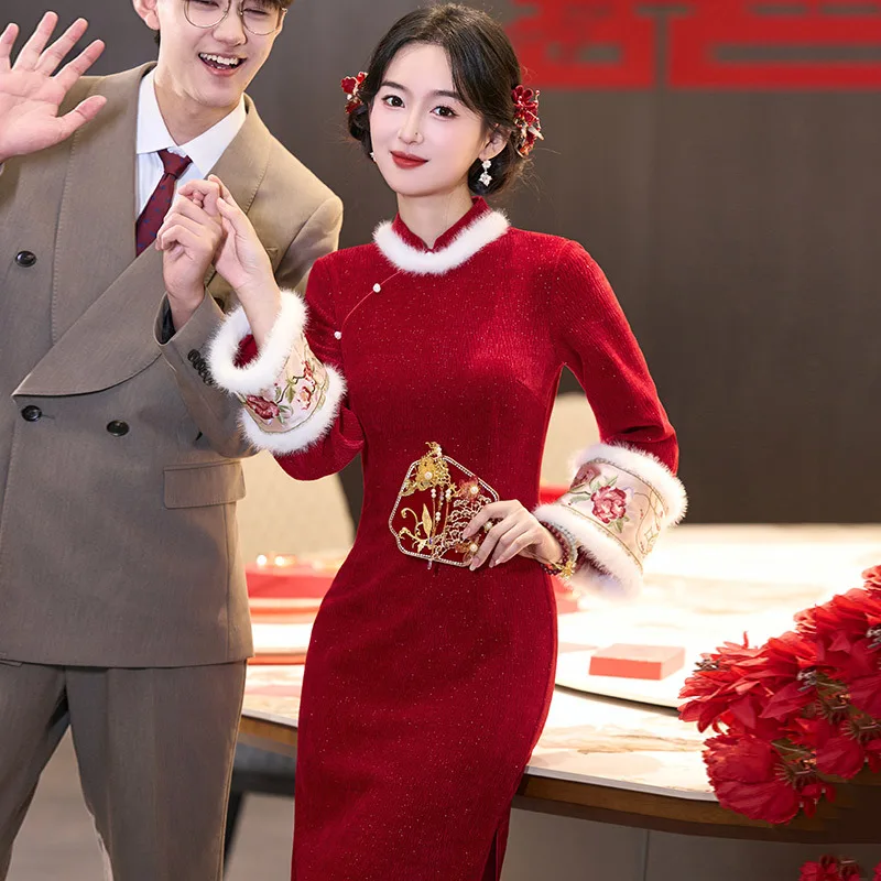 Embroidery Cheongsam Hanfu Elegant Chenille Sexy Qipao Chinese Style Mandarin Collar Evening Party Dress Long Sleeve Vestidos