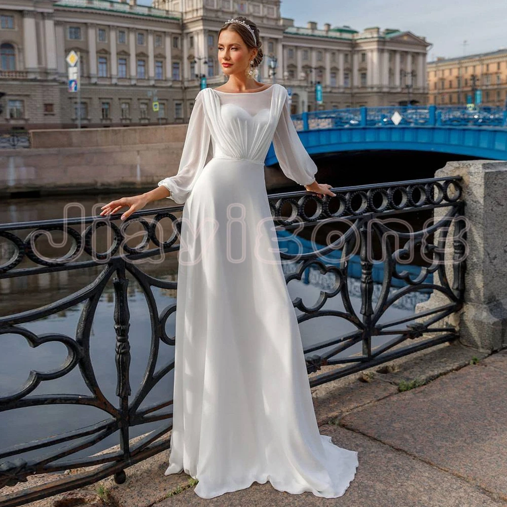 Jiayigong Summer Beach Wedding Gowns for Bride Long Sleeves Scoop Neck Beading Simple  Chiffon Bridal Dress Vestido De Noiva