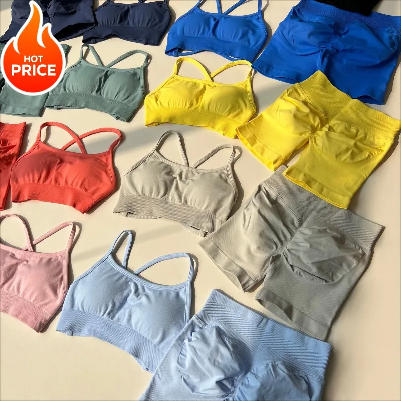 

Комплект из 2 предметов для спортзала 2025 года, летний спортивный бюстгальтер с перекрестными подтяжками и шорты на бедрах, комплект для фитнеса, женский многоцветный комплект для йоги, пилатеса