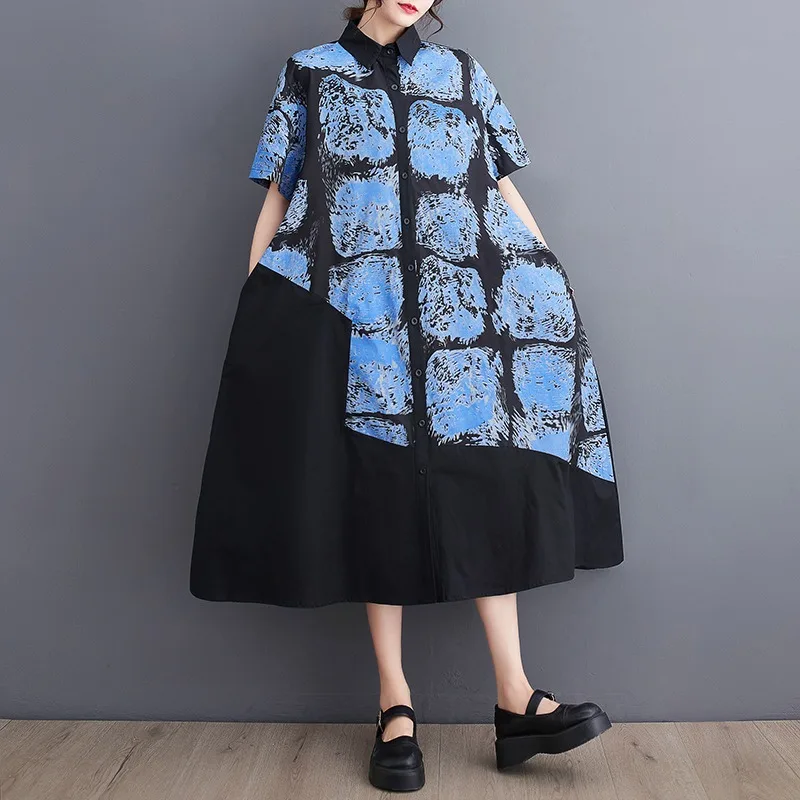 Zomer Koreaanse losse casual artistieke afslankende shirtjurk met kleurrijke mode-jurk met ijsblokprint