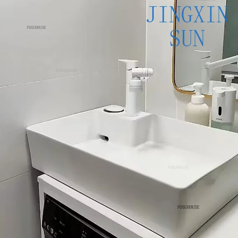 Modern Ceramic Bathroom Sinks Home Balcony Single Basin Designer Hidden Drain Control Washbasin Washing Machine Countertop Basin