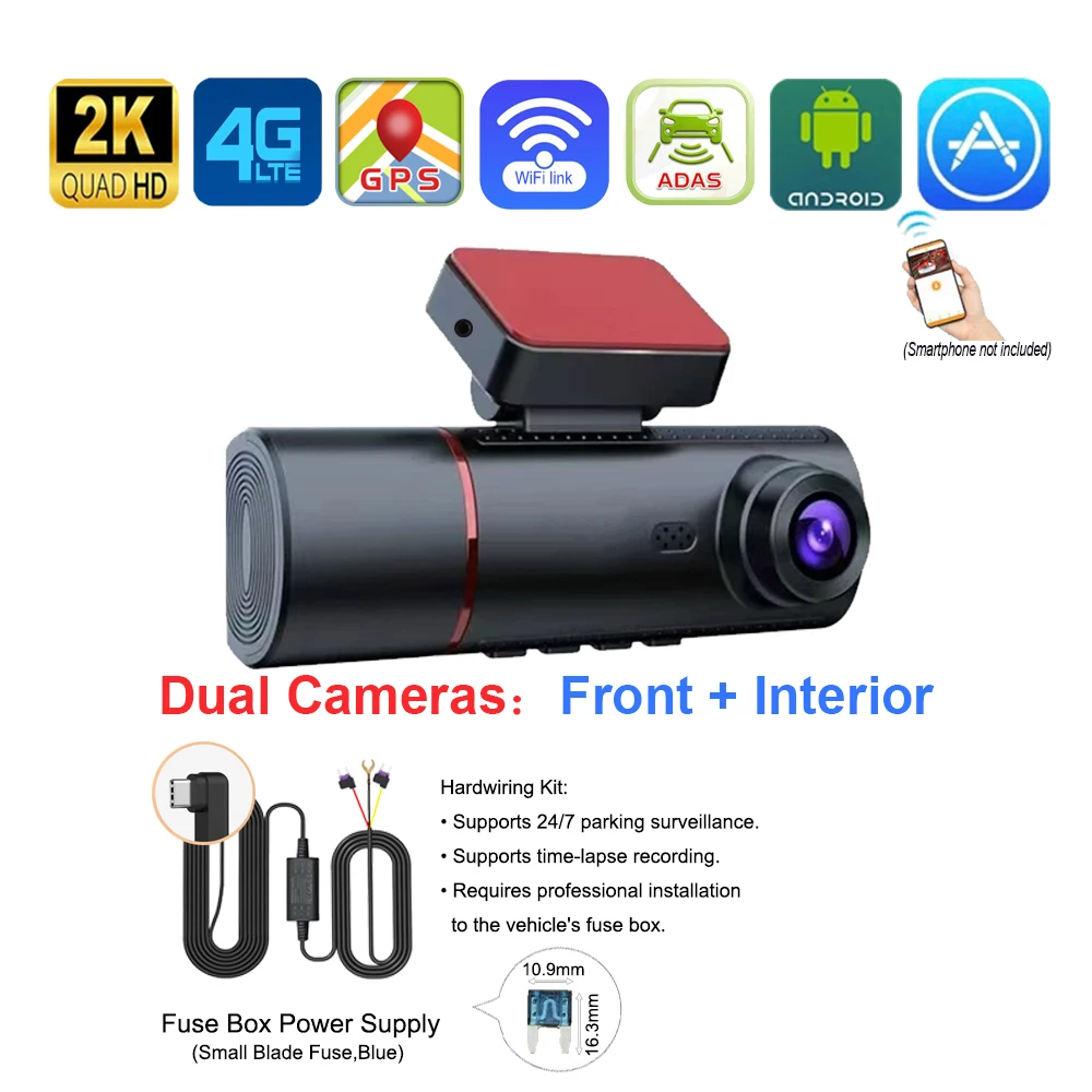 4G-LTE Verborgen 3CH 2K Dashcam ADAS Sentry GPS RemoteSnap Dodehoek 24H Parkeerapp Bewegingsdetectie G-sensor Looprecording TimeLapse Nachtzicht