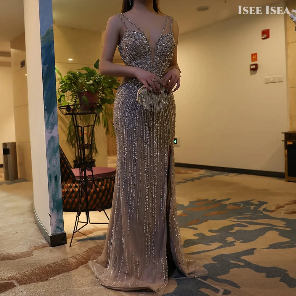 Vestido de noche de lentejuelas plateadas, vestido de Gala con abertura alta recortada para alfombra roja, vestido de fiesta de boda personalizado