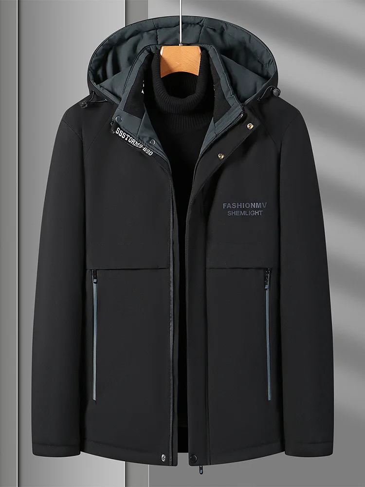 

Men's Black Hooded Casual Jacket, Autumn and Winter Windproof Versatile Jacket, Fashion Letter Printed Warm Men's Clothing