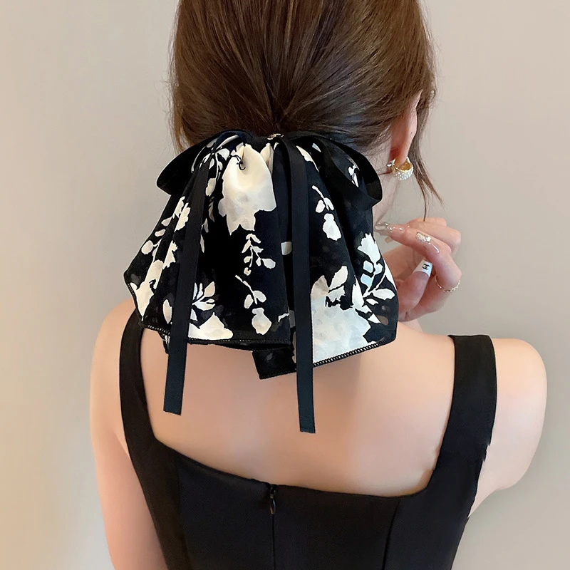 Korean Woman Retro Printing Bowknot Ink hemline Elastics Hair Band Elegant Scrunchies Hair Ties Ponytail Holder Hair Accessories