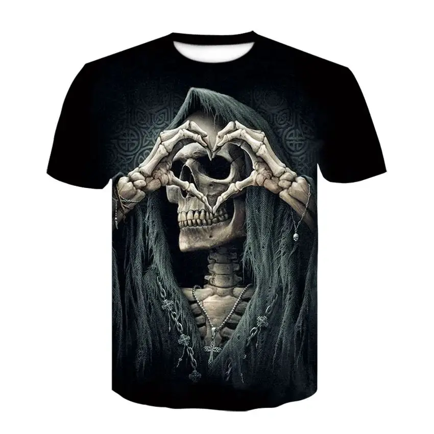 Summer Men\'s Skull Horror Pattern Fashion 3d Printed O Collar Casual Loose Street Trend Personality Plus Size Breathable Top